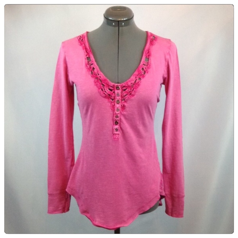 NWT,Free People Pink Long-sleeve Crochet Trim Top