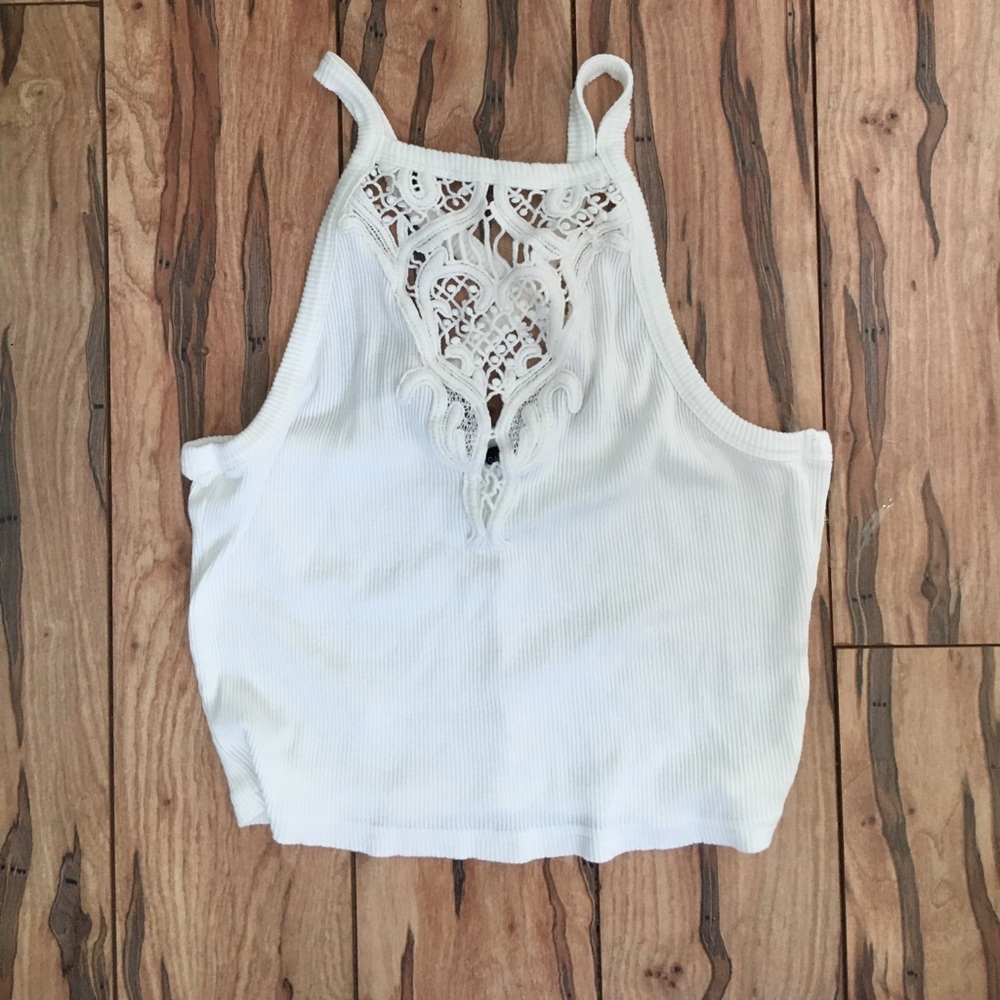 PacSun white tank/crop top with high lace neckline