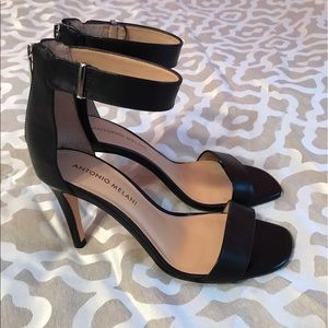 Antonio Melani Black Leather Ankle Strap Heels