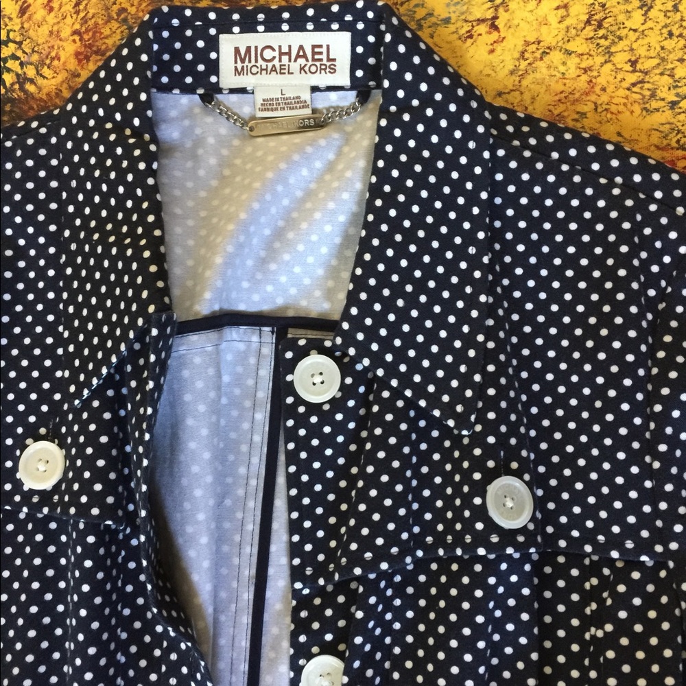 Michael Kors navy blue polka dot trench coat.