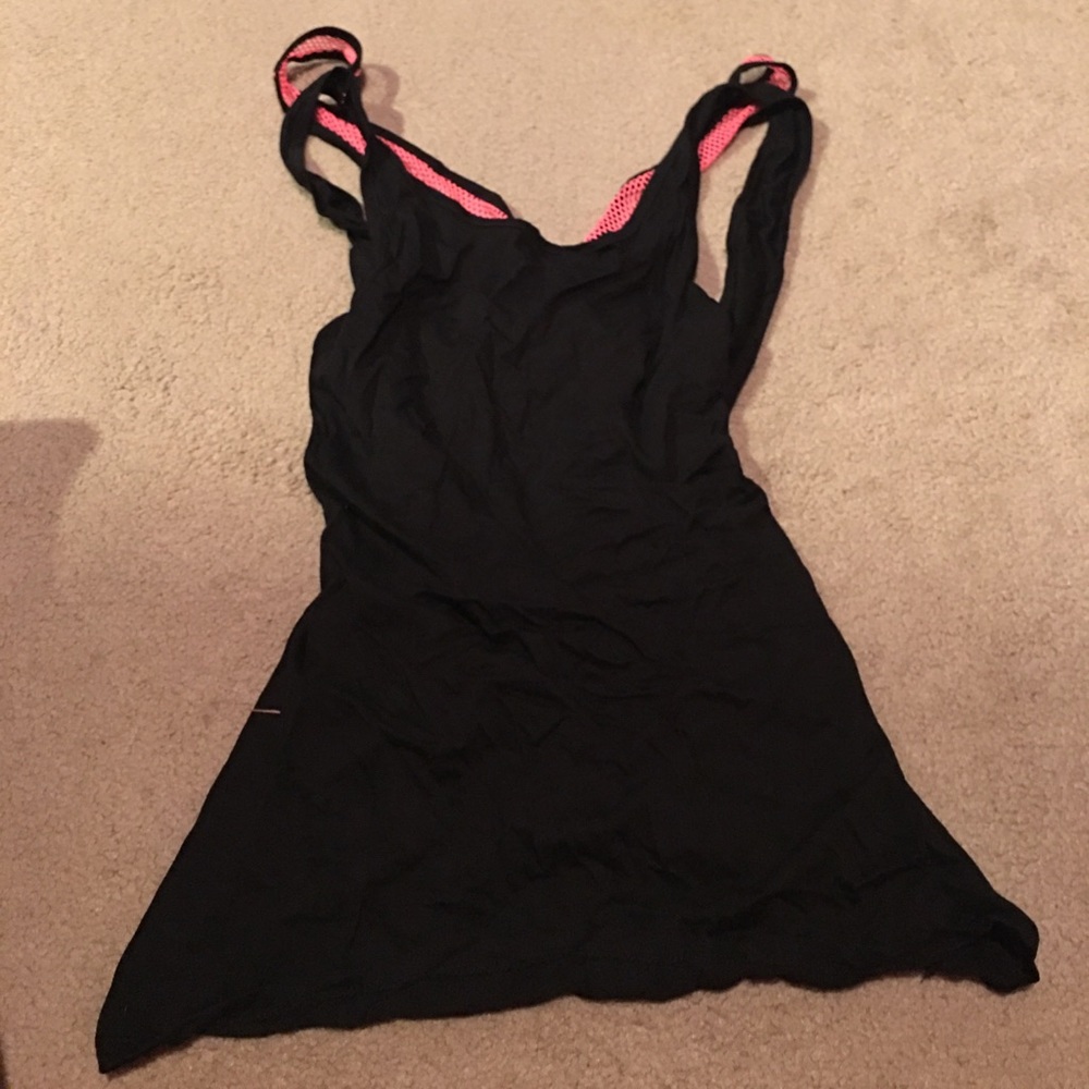 Sheer power tank top with pink mesh straps in back