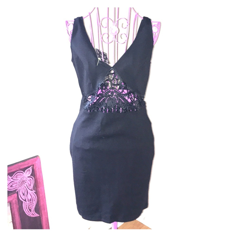 LAST CALL 9/11/22 - Black Cutout Abdomen Lace Appliqué Open Back Dress