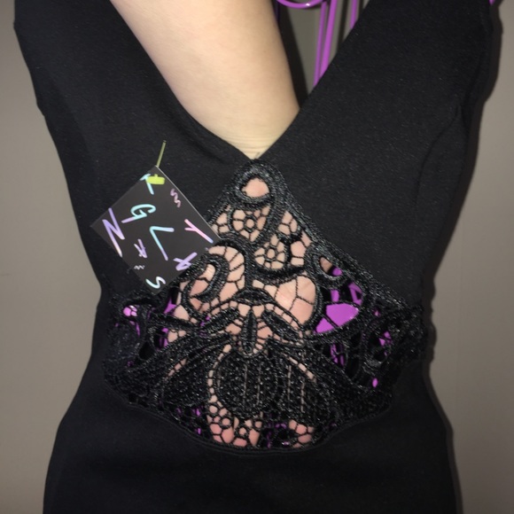 LAST CALL 9/11/22 - Black Cutout Abdomen Lace Appliqué Open Back Dress - Picture 3 of 7