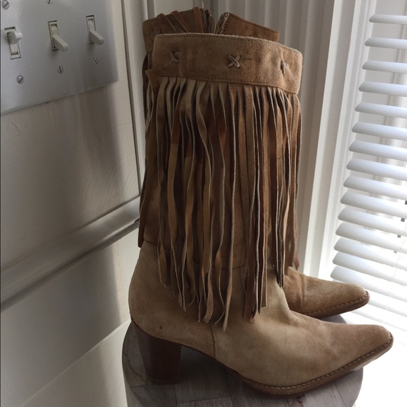 Faux suede tan fringe boots. - Picture 2 of 5
