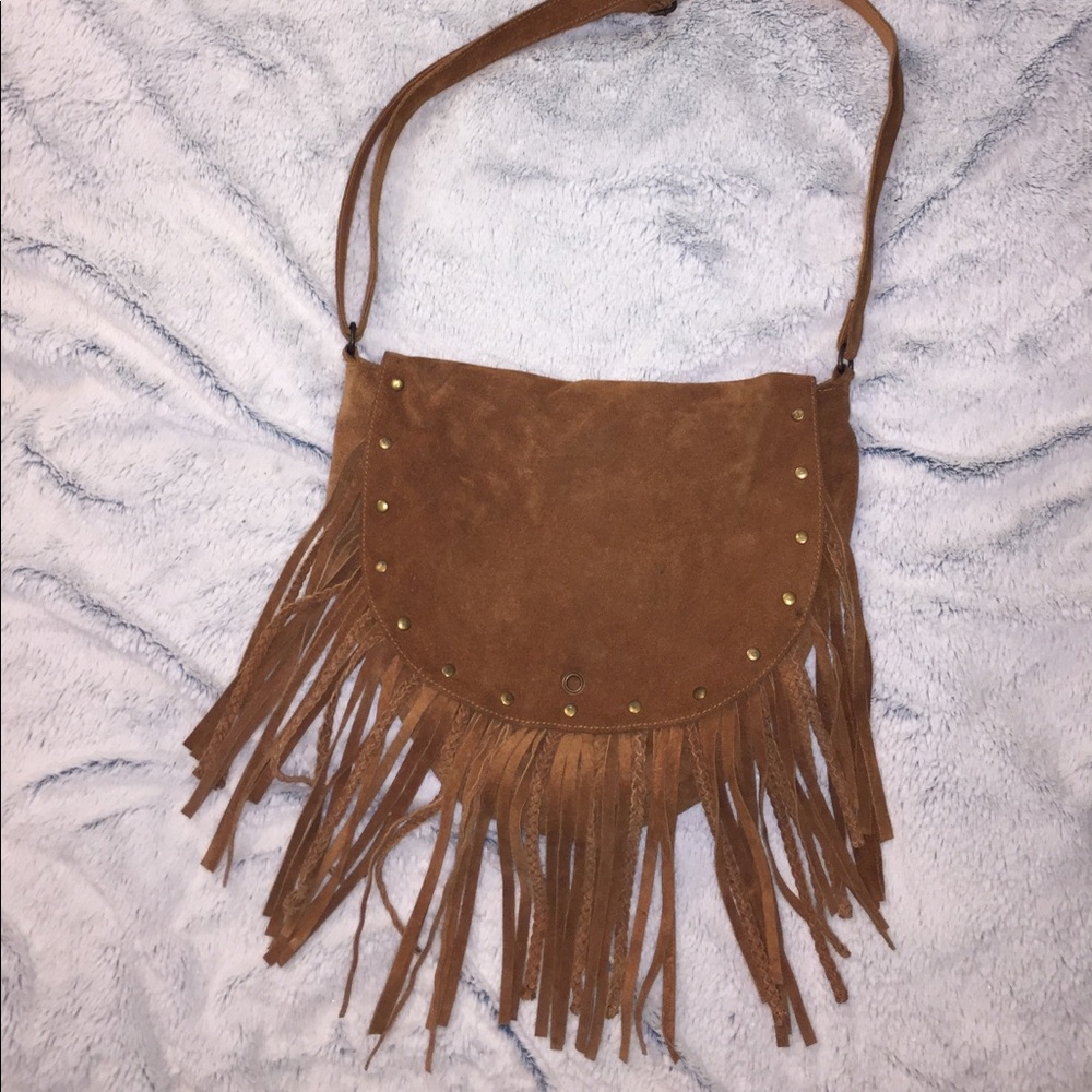 Tan suede Ecotè shoulder bag with fringe