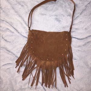 Tan suede Ecotè shoulder bag with fringe