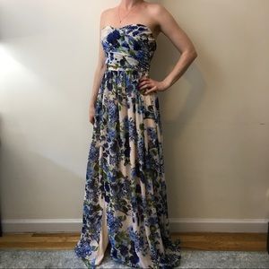 Lulu's Blue Cream Floral Strapless Maxi Gown Dress Lulu's Blue Cream Floral Strapless Maxi Gown Dress