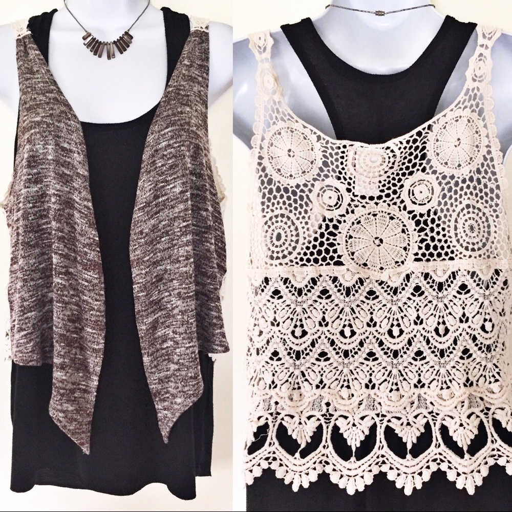 Brown & Cream Marbled Crochet Back Vest XL