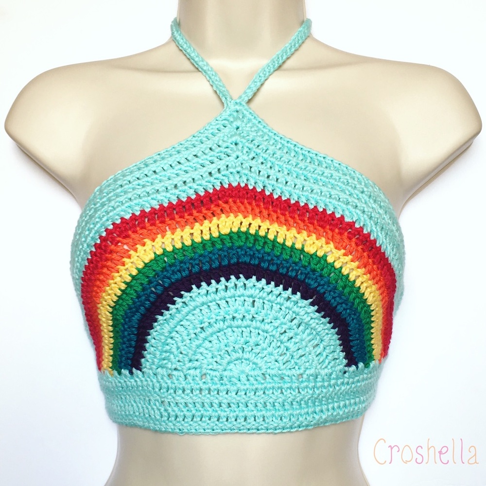 Rainbow Crochet Halter Crop Top Handmade