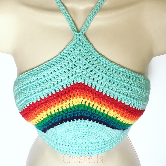 Rainbow Crochet Halter Crop Top Handmade - Picture 2 of 3