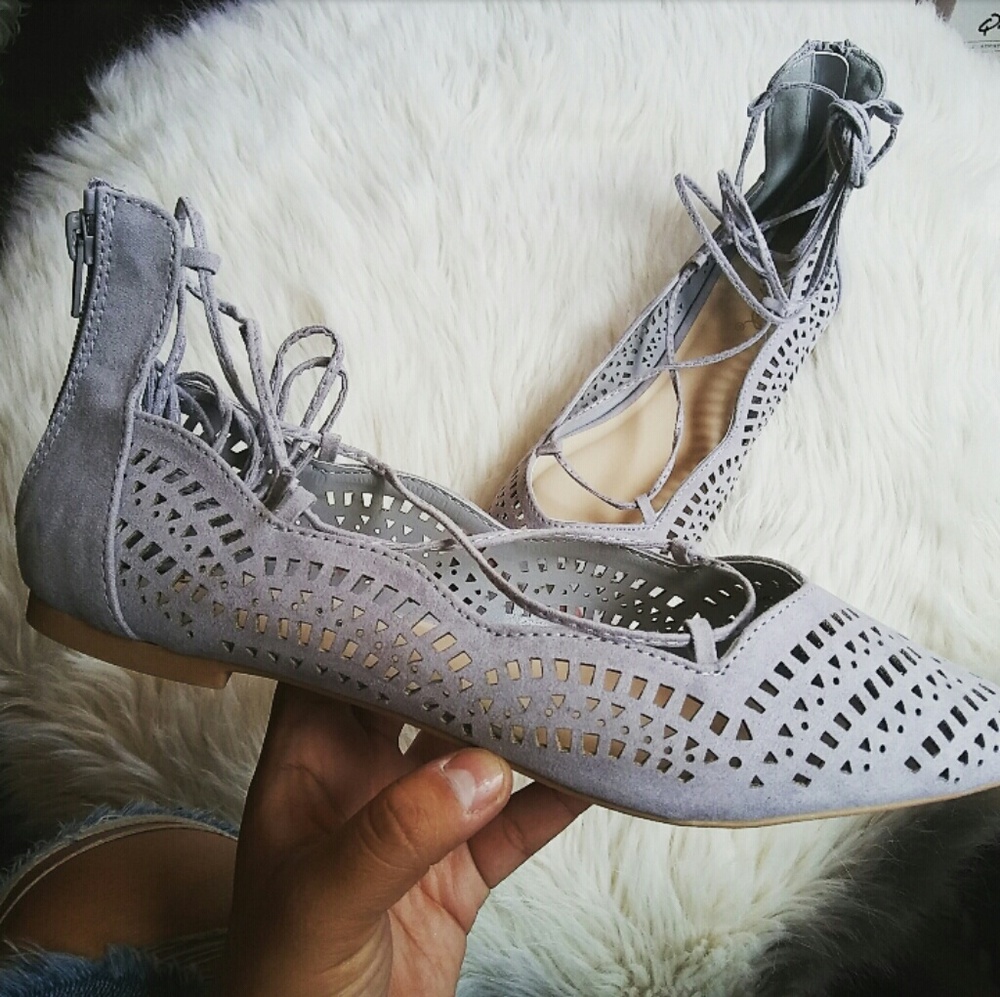 //The Zara// Grey cutout Lace up Flats - Picture 2 of 4