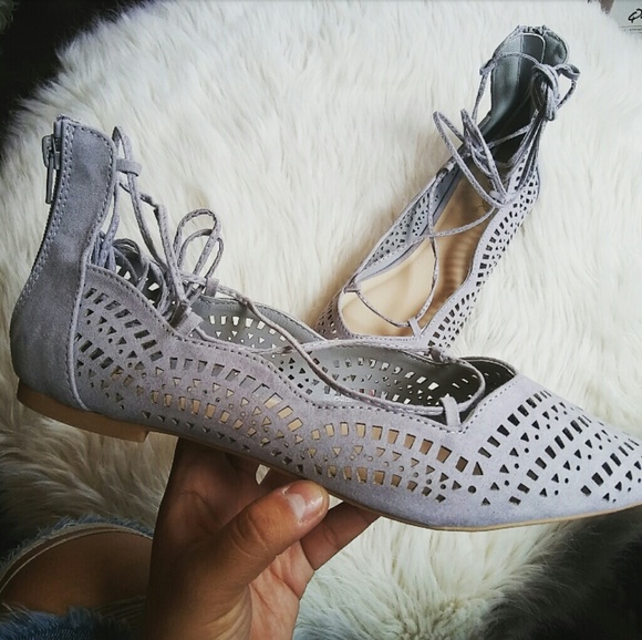 //The Zara// Grey cutout Lace up Flats - Picture 2 of 4