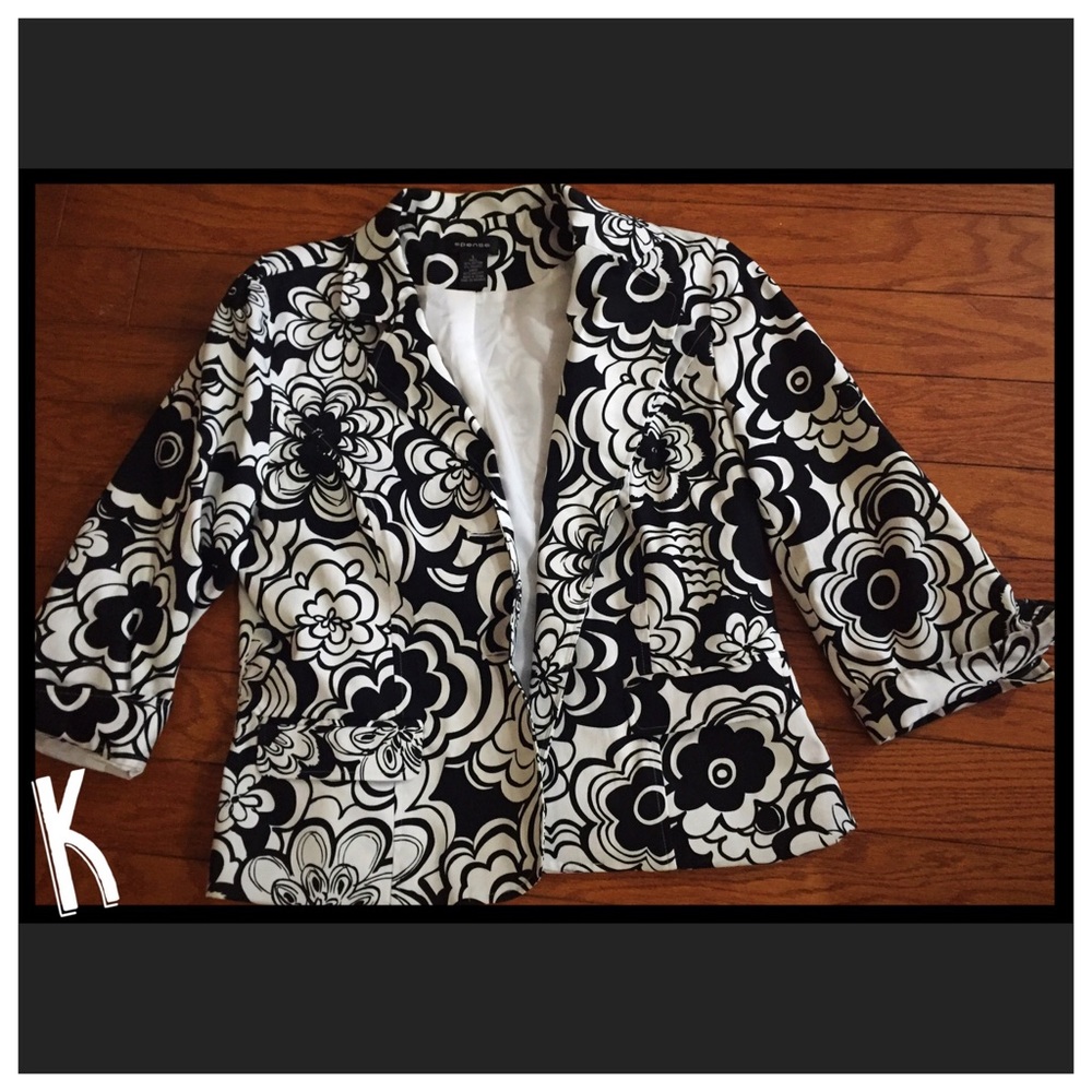 Black and White Floral Print Jacket 3/4 Sleeves