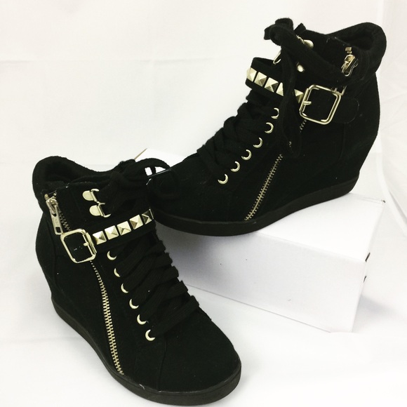 Boutique Brand Shoes - Studded Faux Suede Gold Detail Wedge Sneakers