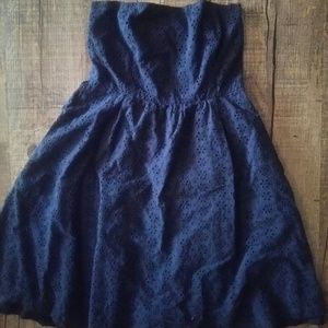Zara Basic strapless navy daisy eyelet mini dress