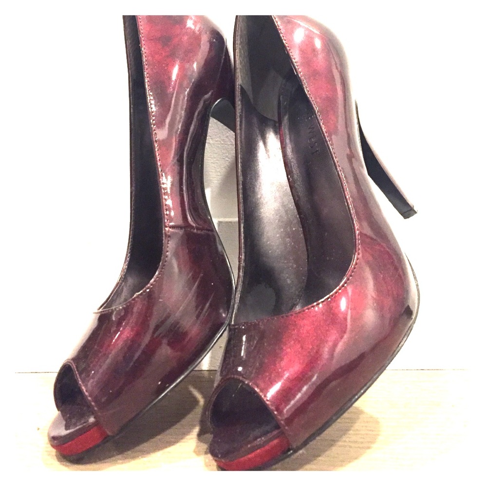 Metallic Ruby Red Peep Toe Pumps