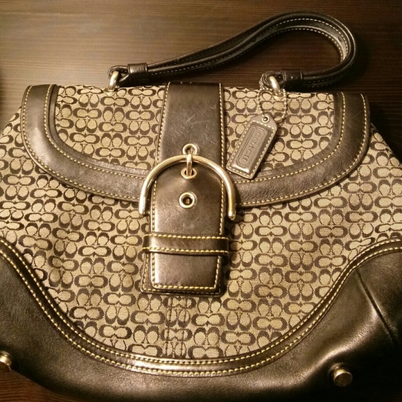 Coach Signature Leather & Canvas Buckle Handbag - Picture 1 of 3
