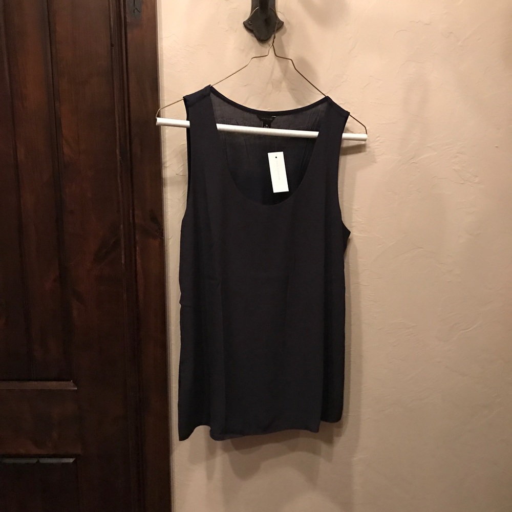 Ann Taylor mixed media shell NAVY BLUE. NWT