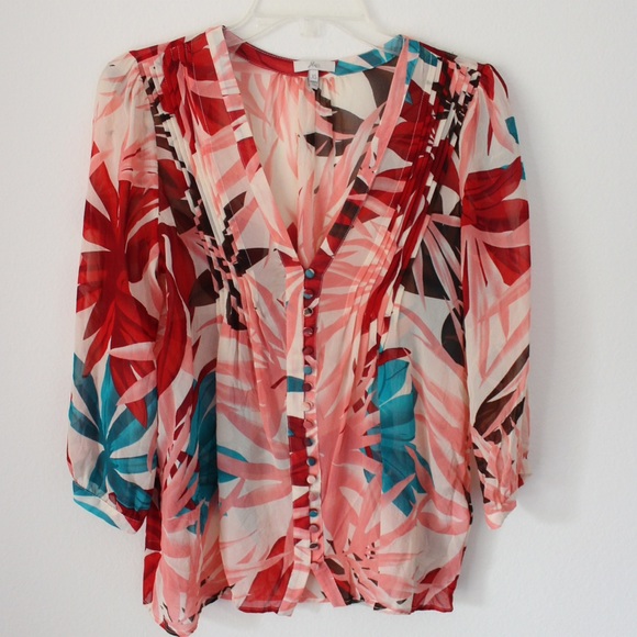 Joie Leaf Print Silk Top XS - Picture 2 of 8