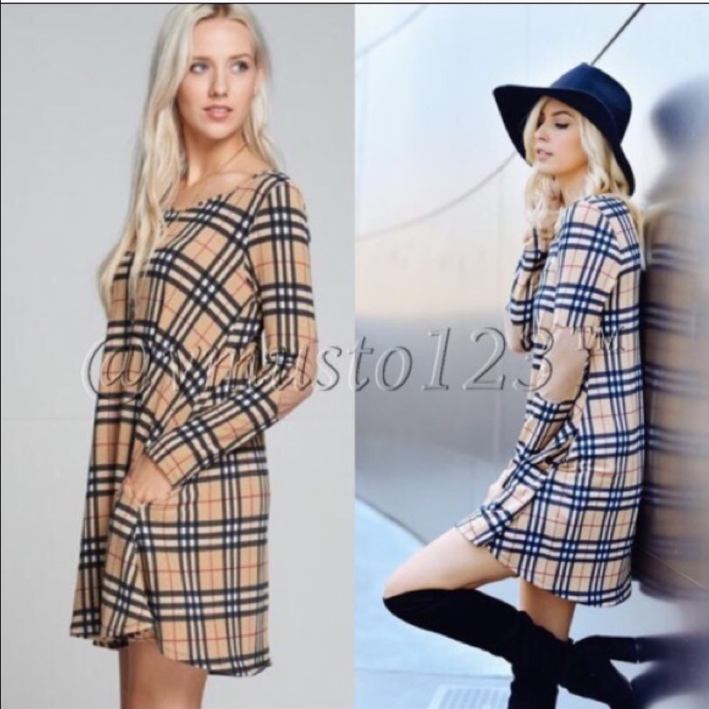 Plaid Taupe Dress with Elbow Patches - Picture 3 of 3