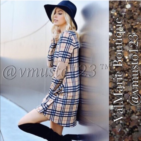 Plaid Taupe Dress with Elbow Patches - Picture 2 of 3