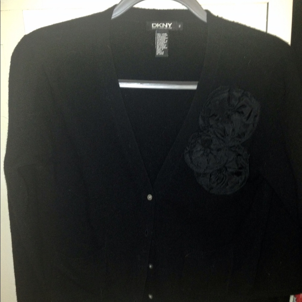 DKNY black wool cardigan with black flower