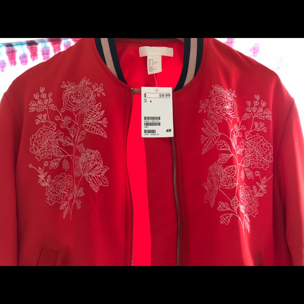 H&M Red Satin Bomber Jacket w Embroidery