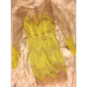 Neon yellow lace and nude mesh long sleeve dress