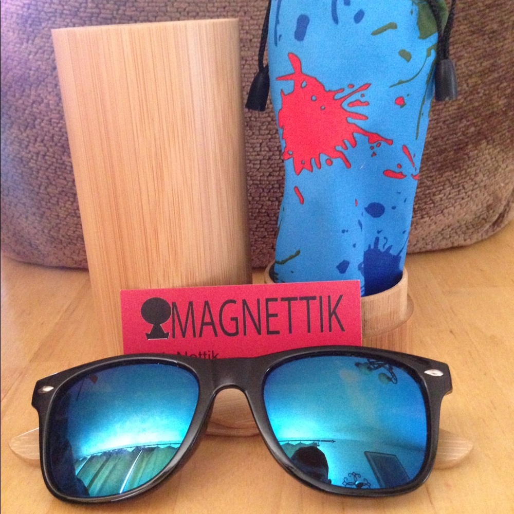 Bamboo Sunglasses plastic frame with blue shades.