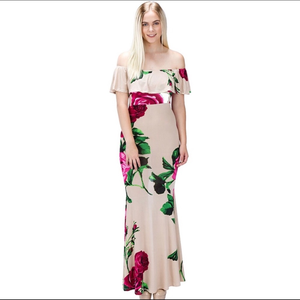 Rose printed off shoulder maxi