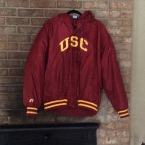 Winter bomber coat with attached hood.