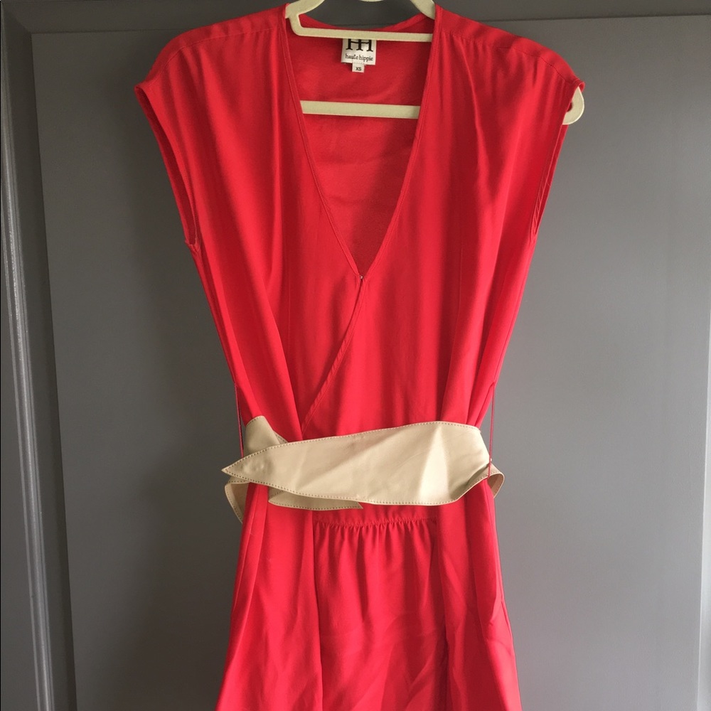 Haute Hippie Red Silk Dress with Nude Leather Belt