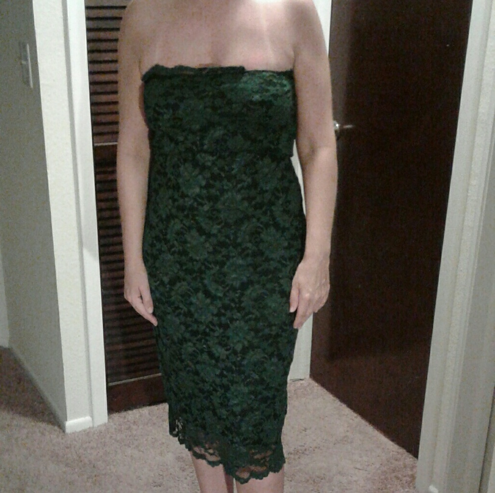 Green strapless lace maternity gown.