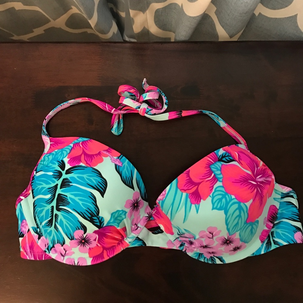 Neon colored bikini top.
