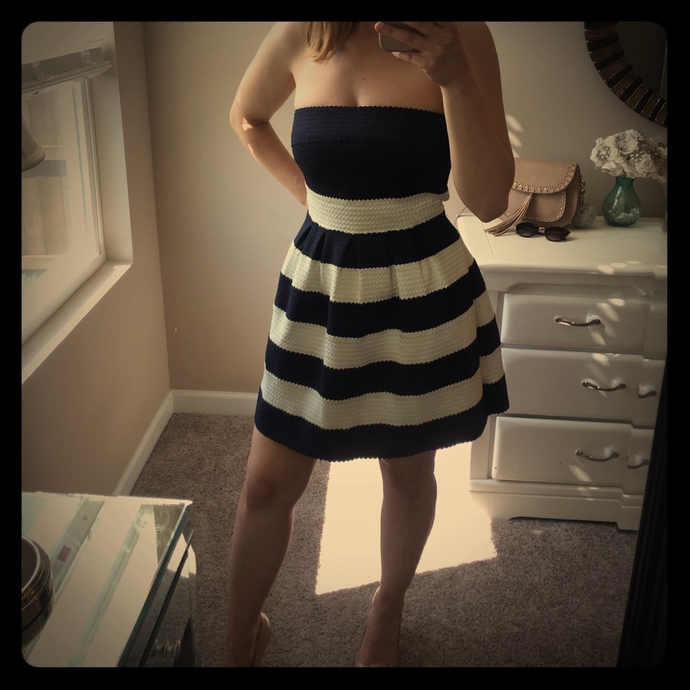 Navy&White horizontal stripe Strapless Dress