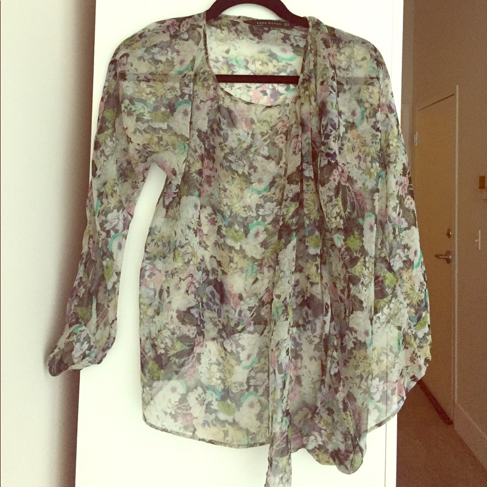 Zara Woman gently worn sheer floral print blouse