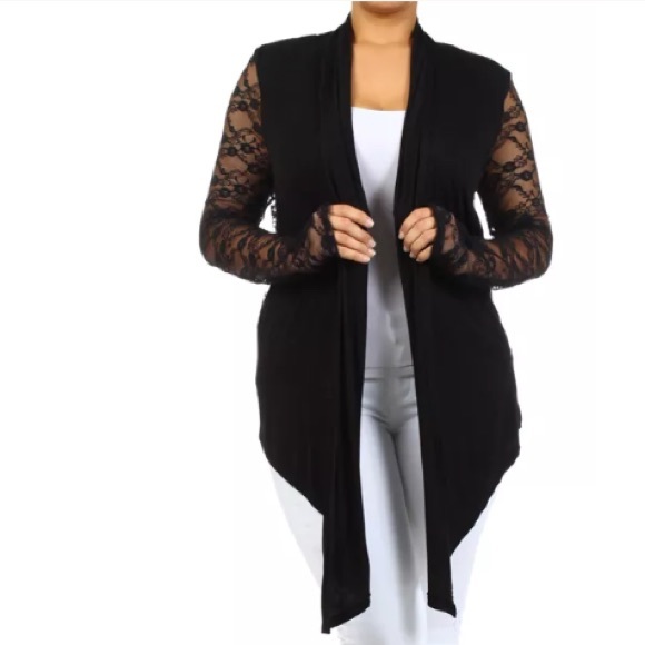 Tops - Plus Black Lace Long Sleeve Cardigan Wrap NEW