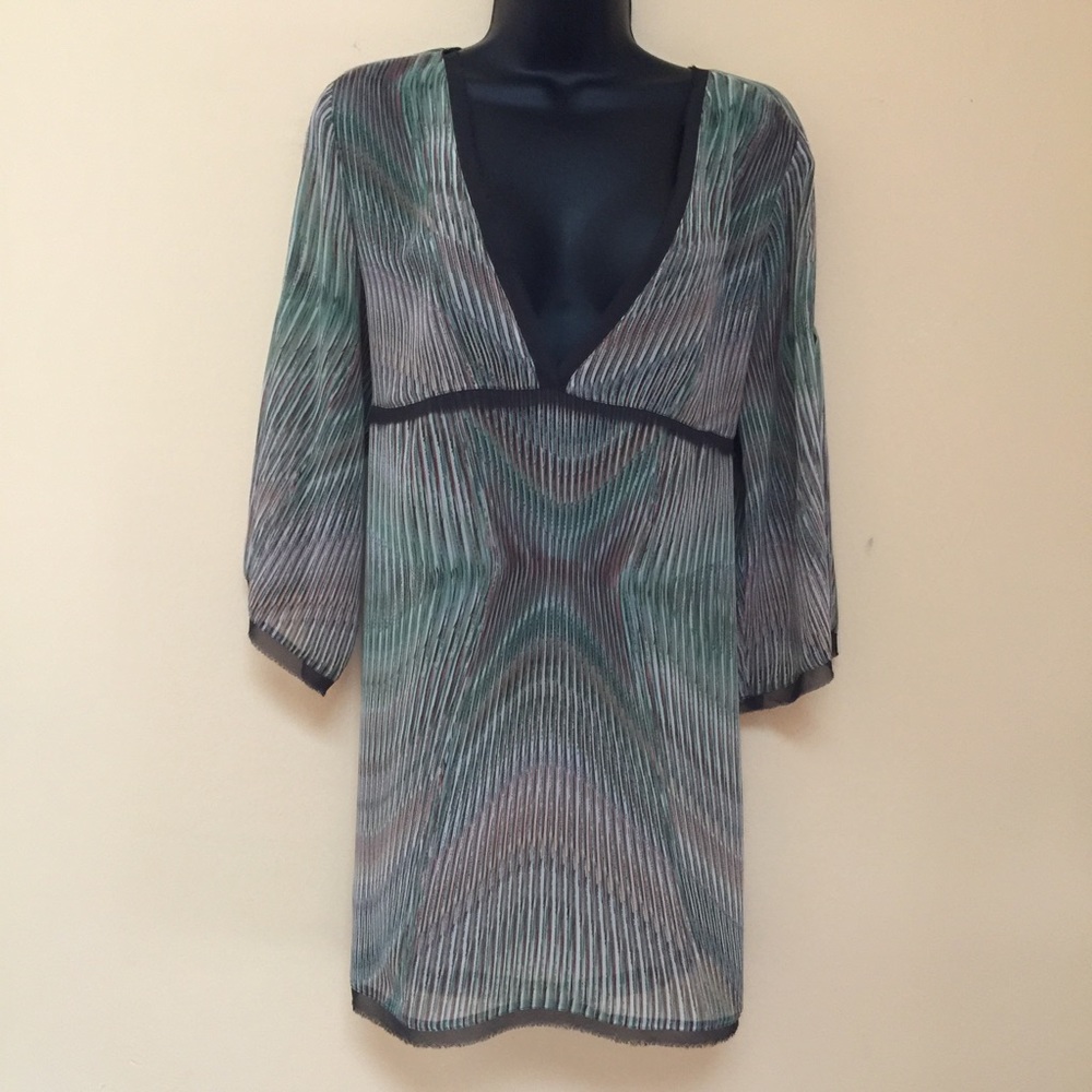 CABI Multi Colored Bell Sleeve Tie Back Sheer Top