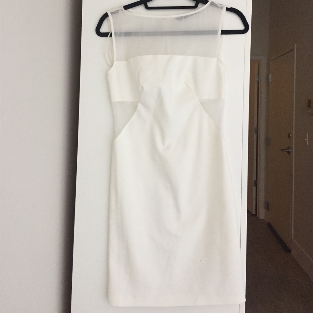Zara Basic white shift dress with sheer panels.