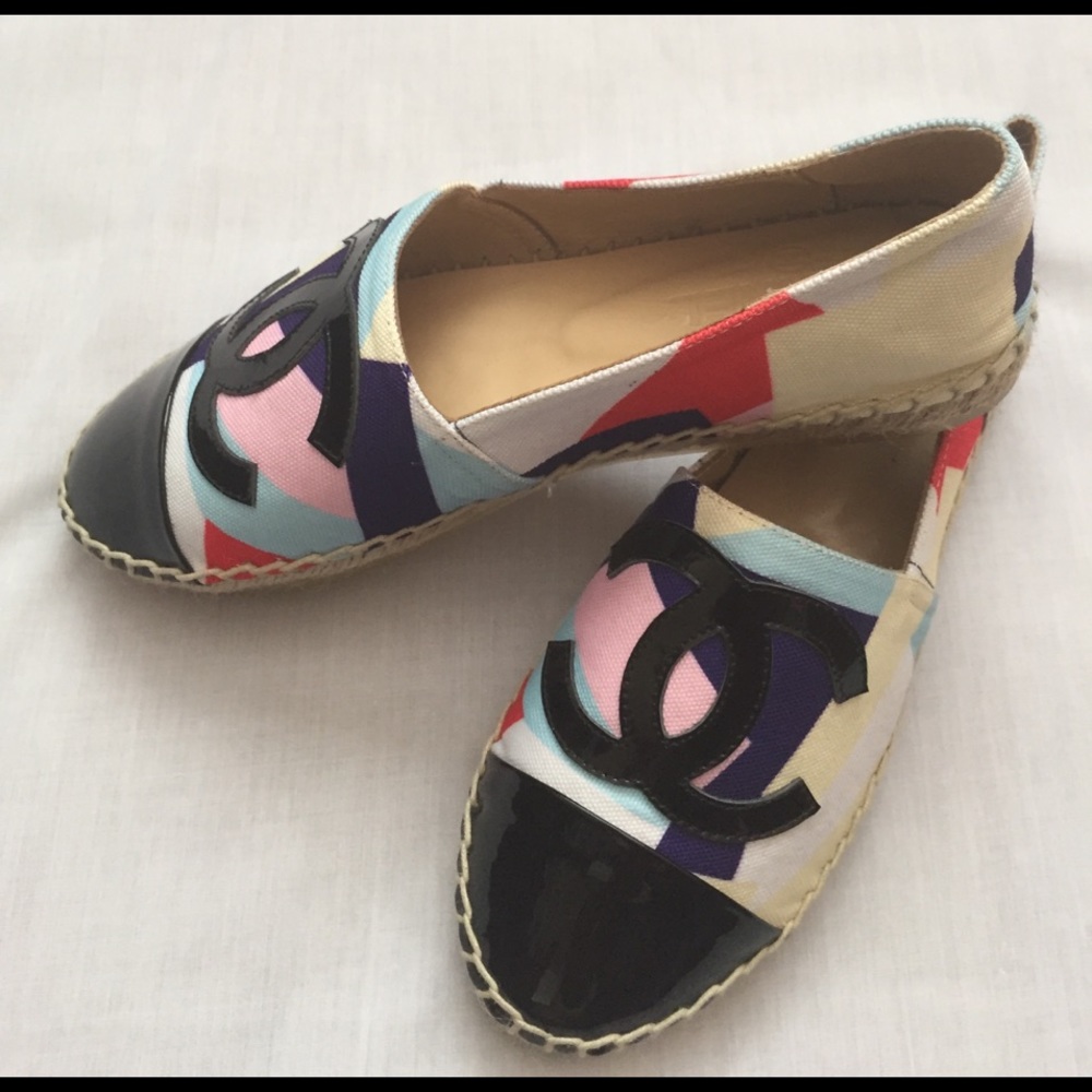 Multicolor Black Patent CC Logo Espadrille Flats