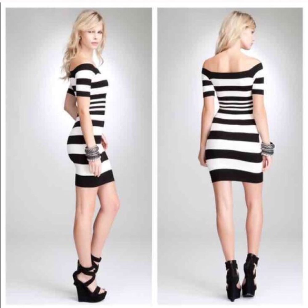 Bebe dress S black white strech striped