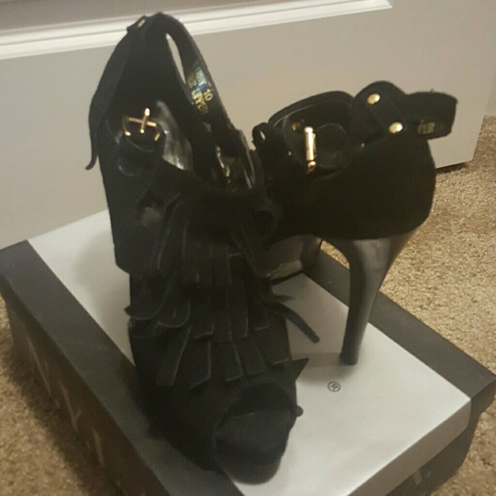 Black Suede Fringe Platform Sandals