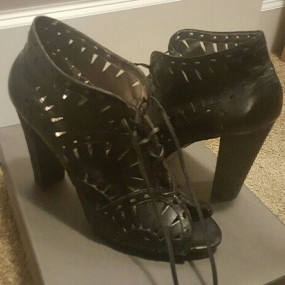 Black Caged Leather Open Toe Booties