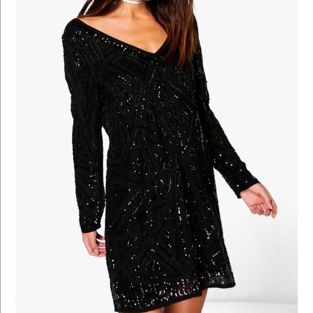 Black vneck sequin embellished dress
