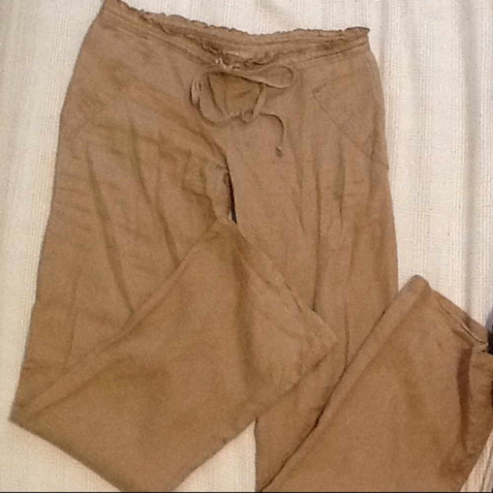 100% linen pants tan/brown in color w drawstring