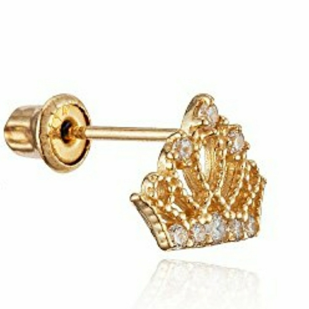Solid 14k yellow gold princess Crown Earrings kid. - Picture 2 of 8