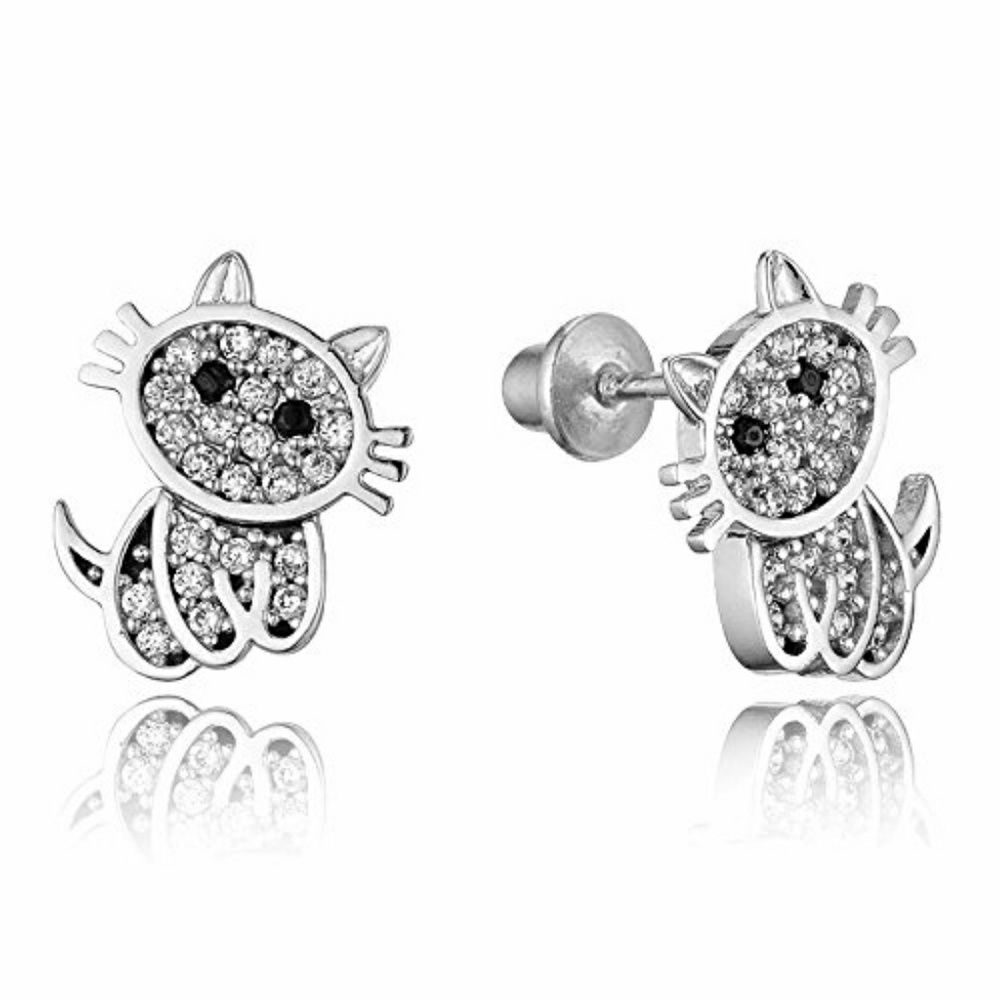 14k gold plated Cat CZ Silver Girls Earrings. - Picture 1 of 6