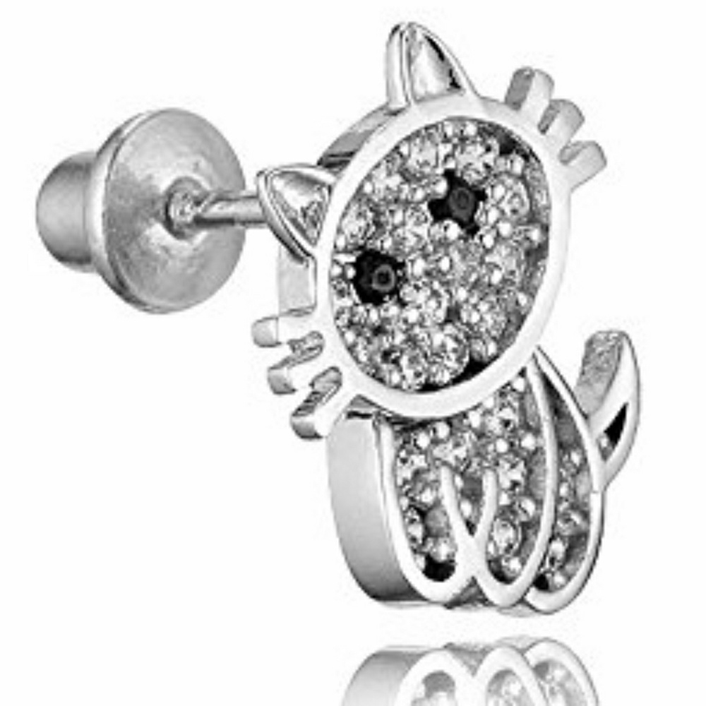 14k gold plated Cat CZ Silver Girls Earrings. - Picture 2 of 6