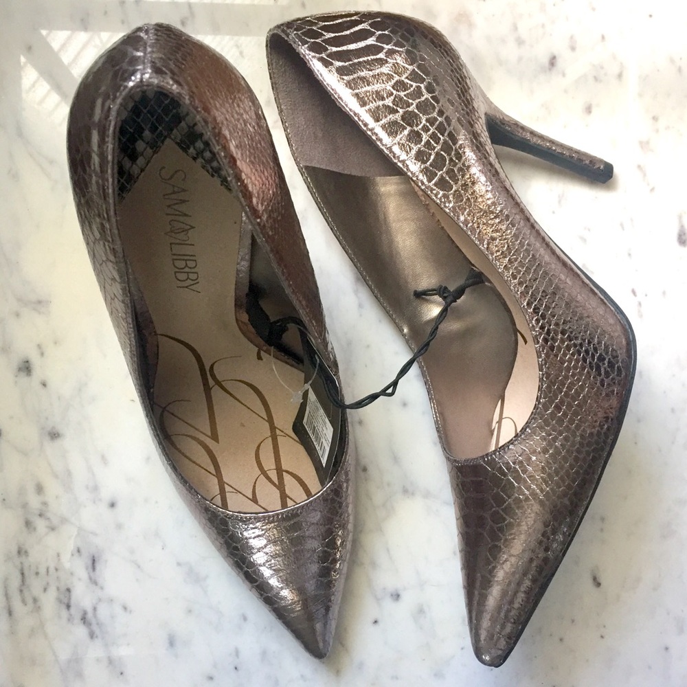 pewter metallic snake pointy toe heels