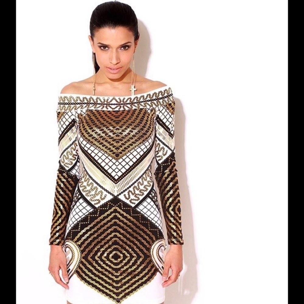 White black and gold off the shoulder dress